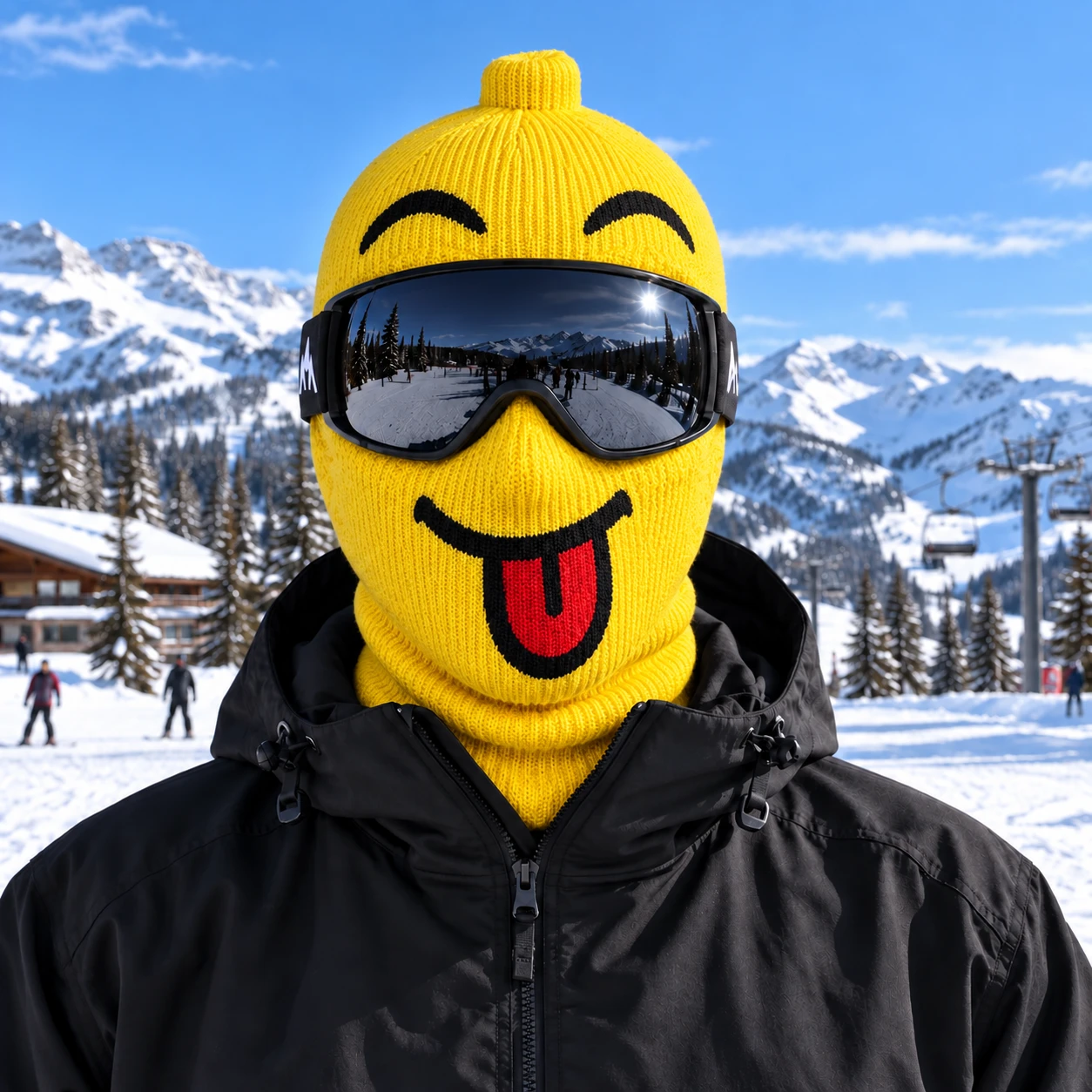 Yellow Lego Head ski mask on the slopes