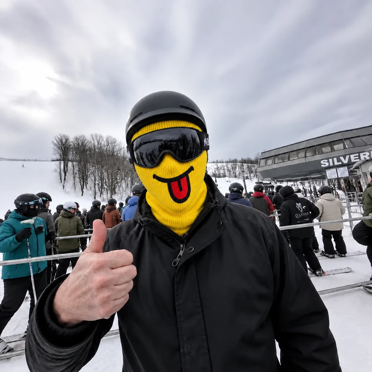 Lego Head yellow mask at the ski lift
